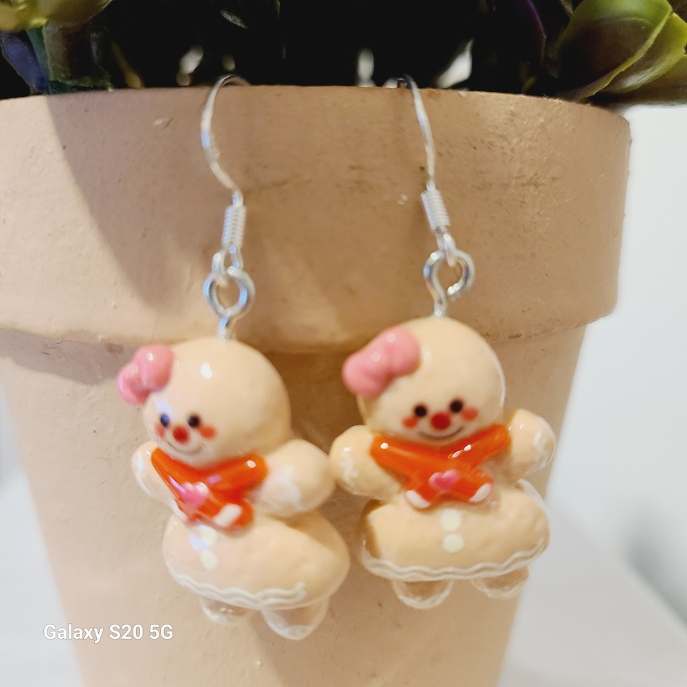 Handmade Cute Gingerbread Man Earrings Orange Scarf Pink Bow Dangle Drop NEW